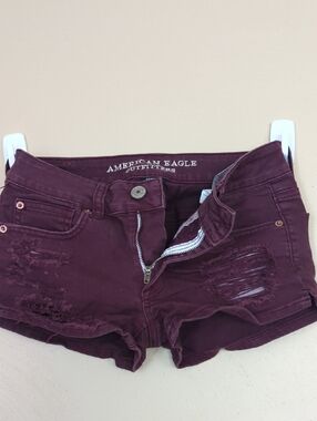 American Eagle Outfitters Women's Distressed Burgundy Denim Shorts